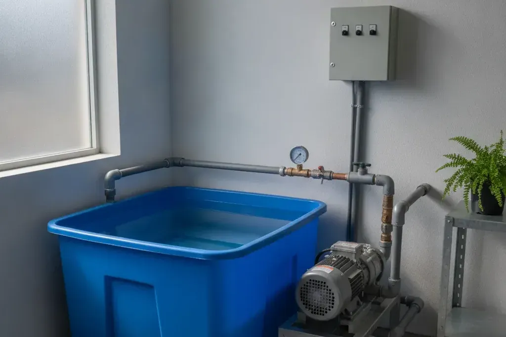 Teknik odada mavi su deposu, yanında bağlantıları yapılmış hidrofor pompası ve basınç göstergesi
